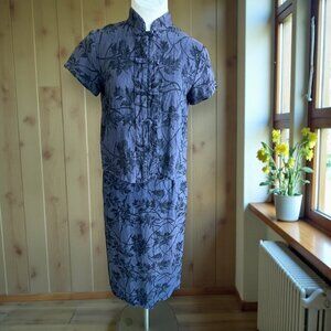 Clio Vintage Blue Floral 100% Linen Asian Style Skirt Outfit Small Petite